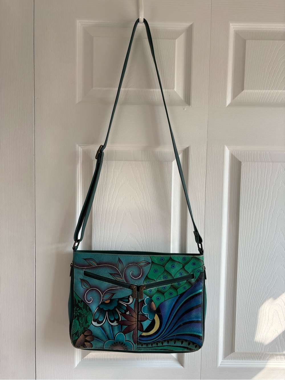 Anuschka Hobo Bag Purse Hand Painted Floral Peacock Leather Green Blue Artsy